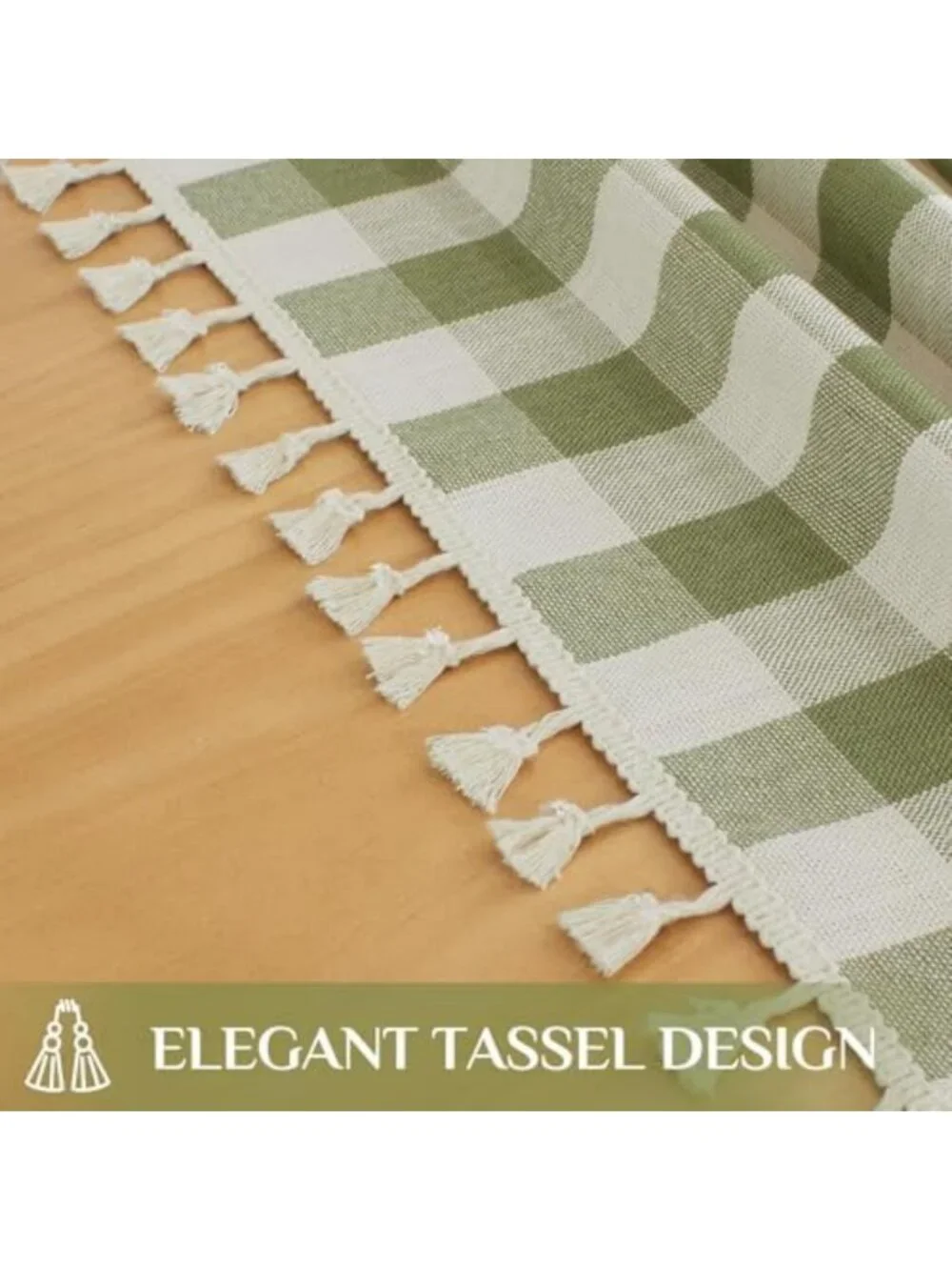 Gingham Rectangle Tablecloth with Tassels, Sage Green, 55